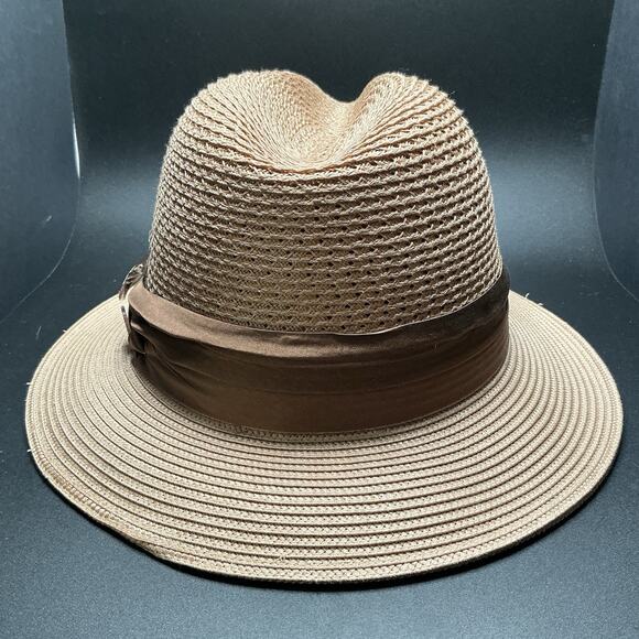 Stacy Adams Kingston Tan Polybraid Pinch-Front Wide Brim Fedora - Pre Owned - Picture 3 of 5